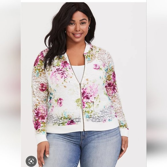 torrid Jackets & Blazers - Torrid pink white floral lace bomber jacket sz 0X